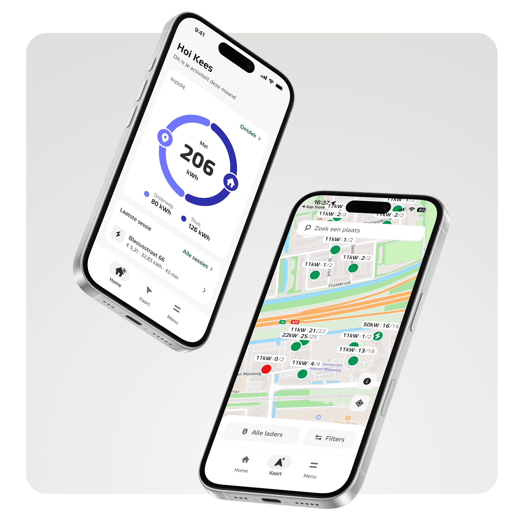 Two smartphones display an electric vehicle app interface with charge status and a map showing charging station locations.